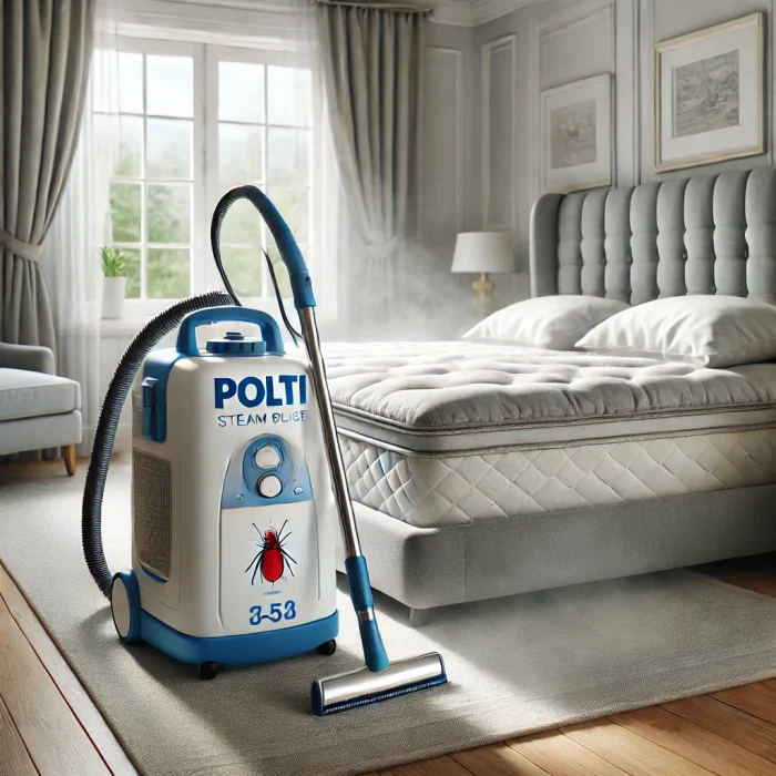 DALL·E 2024-12-12 10.31.41 - A realistic image of a clean residential bedroom with a Polti steam cleaner placed near a mattress, specifically designed for bed bug extermination, s
